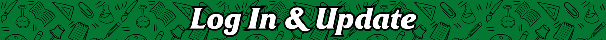 website banner with school supplies background that says "log in & update"